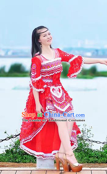 Traditional Chinese Miao Nationality Costume and Headwear, Hmong Folk Dance Ethnic Long Tailing Red Dress, Chinese Minority Nationality Embroidery Clothing for Women