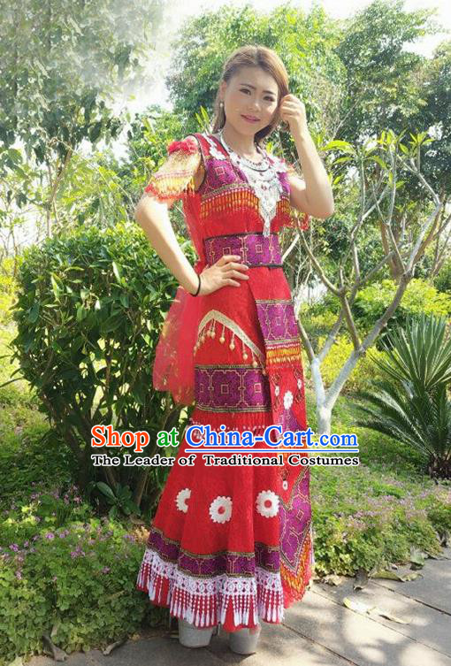 Traditional Chinese Miao Nationality Wedding Costume, Hmong Folk Dance Ethnic Tassel Long Red Pleated Skirt, Chinese Minority Nationality Embroidery Clothing for Women