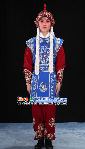 Traditional China Beijing Opera Takefu Costume, Ancient Chinese Peking Opera Wu-Sheng Warrior Embroidery Blue Clothing