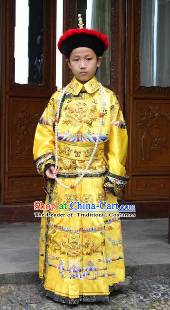 Traditional China Beijing Opera Qing Dynasty Emperor Costume Children Embroidered Robe, Chinese Peking Opera Manchu King Embroidery Dragon Clothing for Kids