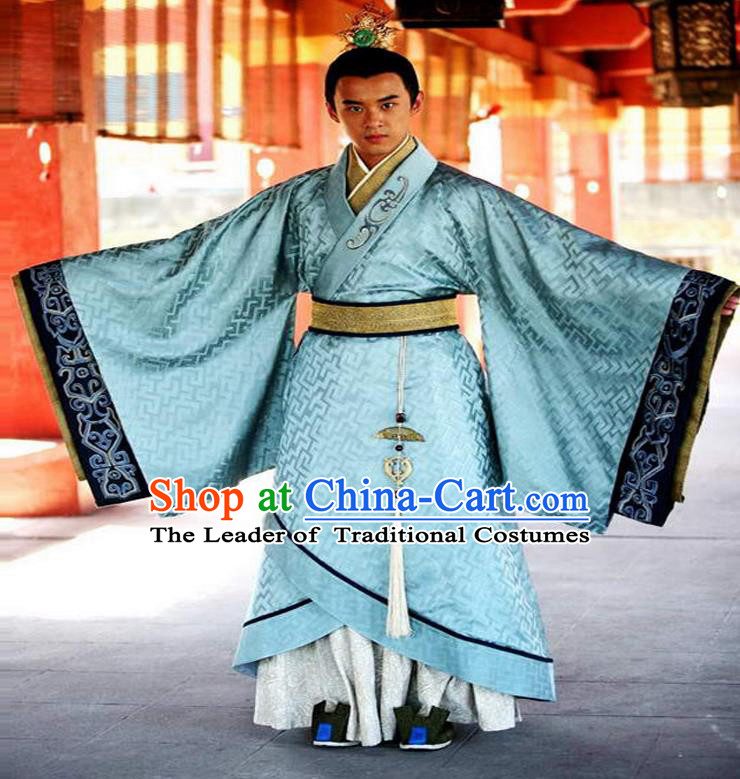 Traditional Chinese Ancient Qin Dynasty Prince Embroidered Costume, China Han Dynasty Majesty Embroidery Dragon Hanfu Blue Robe Clothing