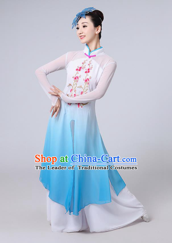 Traditional Chinese Classical Dance Yangge Fan Dance Costume, Chinese Classical Dance Folk Dance Blue Uniform Yangko Clothing for Women