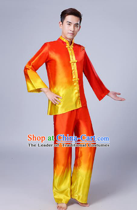 Traditional Chinese Classical Dance Yangge Fan Dance Costume, Folk Dance Drum Dance Uniform Yangko Red Clothing Complete Set for Men