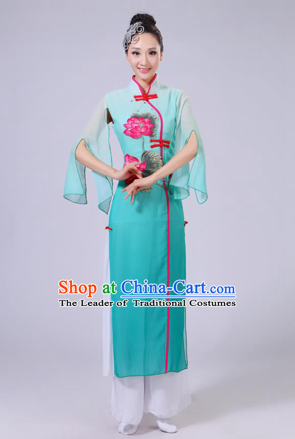 Traditional Chinese Folk Dance Costume Yangge Dance Printing Lotus Peacock Green Uniform, Chinese Classical Fan Dance Umbrella Dance Yangko Clothing for Women