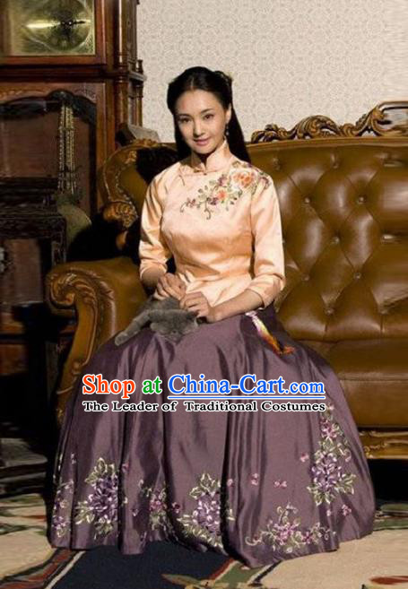 Traditional Chinese Ancient Nobility Lady Costume Pink Blouse and Purple Skirt, Elegant Hanfu Clothing Chinese Republic of China Young Lady Embroidery Cheongsam Clothing