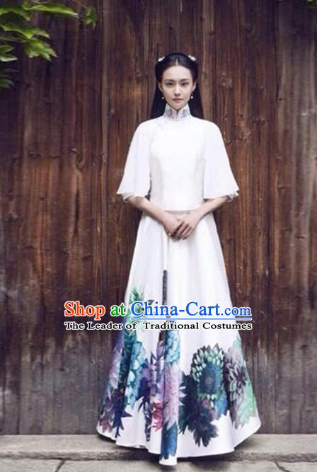 Traditional Chinese Ancient Nobility Lady Costume White Blouse and Skirt, Elegant Hanfu Clothing Chinese Republic of China Young Lady Embroidery Cheongsam Clothing