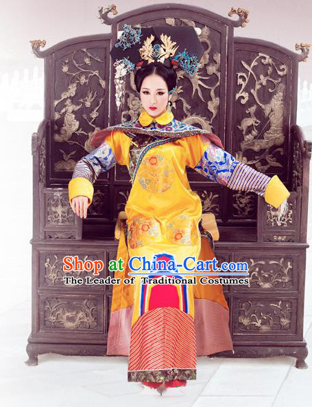 Traditional Ancient Chinese Imperial Consort Costume, Chinese Qing Dynasty Manchu Imperial Concubine Embroidered Clothing for Women