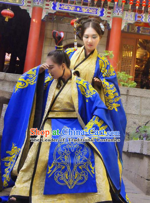 Traditional Ancient Chinese Imperial Emperor and Empress Wedding Costume Complete Set, Elegant Hanfu Clothing Chinese Han Dynasty Bride and Bridegroom Embroidered Blue Clothing