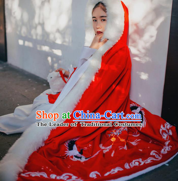 Traditional Ancient Chinese Costume Princess Red Cloak, Elegant Hanfu Clothing Chinese Tang Dynasty Palace Lady Embroidered Mantle Clothing for Women