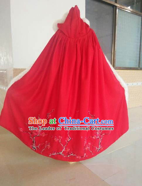 Traditional Asian Oriental Swordswoman Costumes Red Cloak, China Ming Dynasty Princess Hanfu Fairy Embroidery Mantle for Women