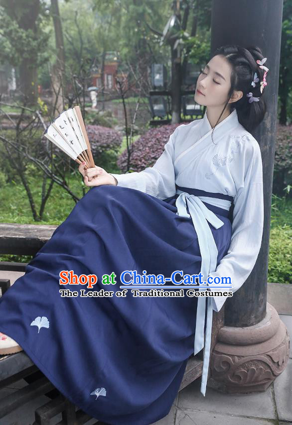 Asian Chinese Oriental Hanfu Costumes Embroidered Blouse and Navy Skirt, Traditional China Han Dynasty Embroidery Clothing for Women