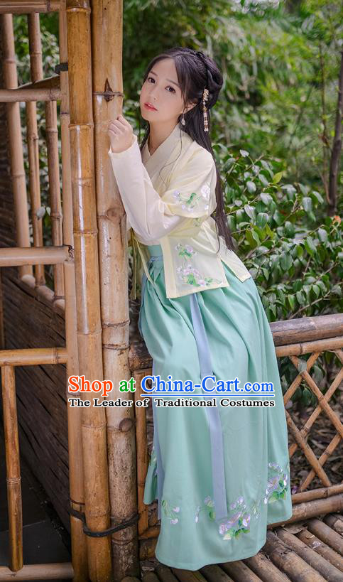 Asian Chinese Hanfu Costumes Song Dynasty Young Lady Embroidered Half-Sleeves Blouse and Slip Skirts Complete Set for Women