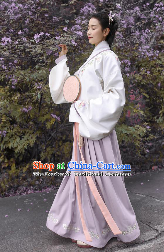 Traditional Asian Chinese Hanfu Costumes Ming Dynasty Princess Embroidered Slant Opening White Blouse and Purple Skirts Complete Set