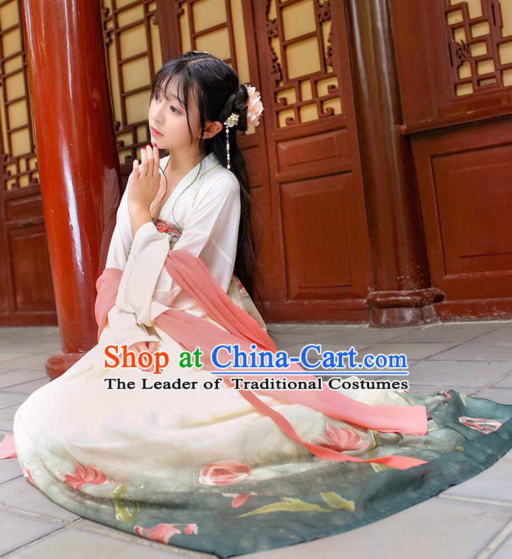 Traditional Chinese Hanfu Costumes Ancient Tang Dynasty Princess Chiffon Blouse and Green Printing Slip Skirts Complete Set