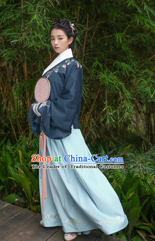 Traditional Asian Chinese Hanfu Costumes Ming Dynasty Princess Embroidered Slant Opening Navy Blouse and Blue Skirts Complete Set