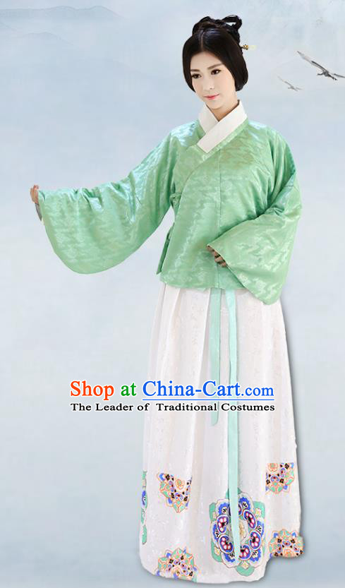 Traditional China Costume Embroidery Green Blouse and White Skirt Complete Set, Chinese Ming Dynasty Princess Clothing for Women