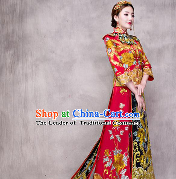 Traditional Ancient Chinese Costume Trailing Xiuhe Suits Chinese Style Wedding Embroidery Dragon and Phoenix Bride Cheongsam Clothing for Women