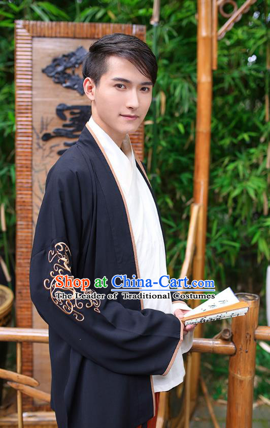 Traditional Chinese Hanfu Costumes Ancient Han Dynasty Young Men Embroidery Black Shirts