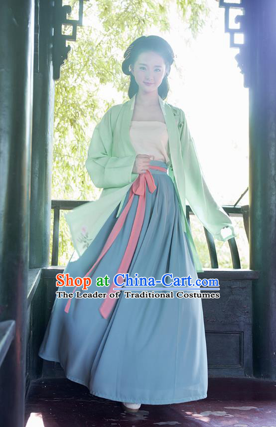 Ancient Chinese Palace Princess Hanfu Costume, Traditional China Song Dynasty Palace Lady Embroidery Green Cardigan Clothing