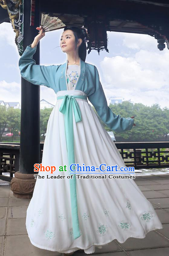 Traditional Chinese Ancient Young Lady Hanfu Costumes, Asian China Song Dynasty Palace Princess Embroidery Blue Blouse and Skirt for Women