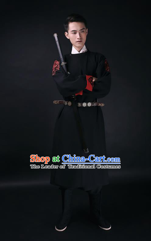 Traditional Chinese Ancient Hanfu Imperial Guards Costume, Asian China Ming Dynasty Swordsman Black Long Robe for Men