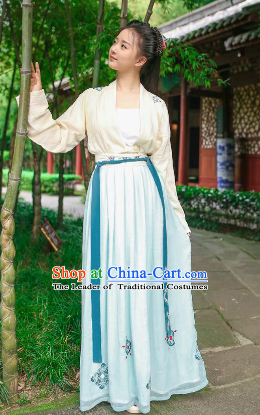 Traditional Chinese Ancient Hanfu Princess Costume, Asian China Song Dynasty Palace Lady Embroidered Blouse and Slip Skirt for Women