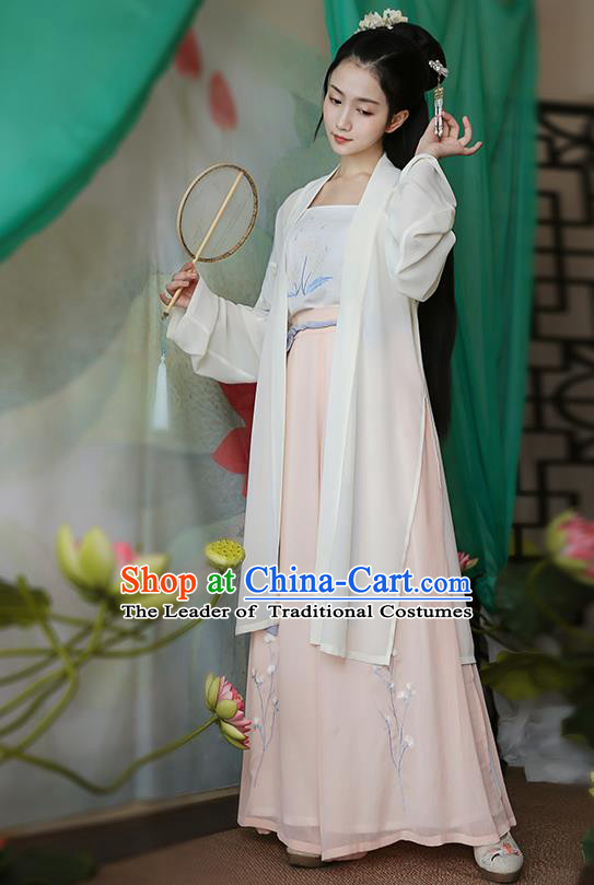 Traditional Chinese Ancient Hanfu Princess Costume White Cardigan, Asian China Song Dynasty Palace Lady Embroidered Clothing for Women