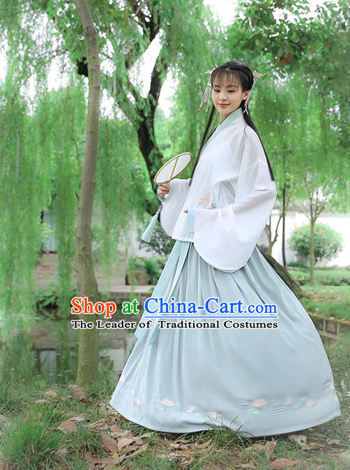 Traditional Chinese Ancient Hanfu Princess Costume White Blouse and Skirts, Asian China Ming Dynasty Palace Lady Embroidered Clothing for Women