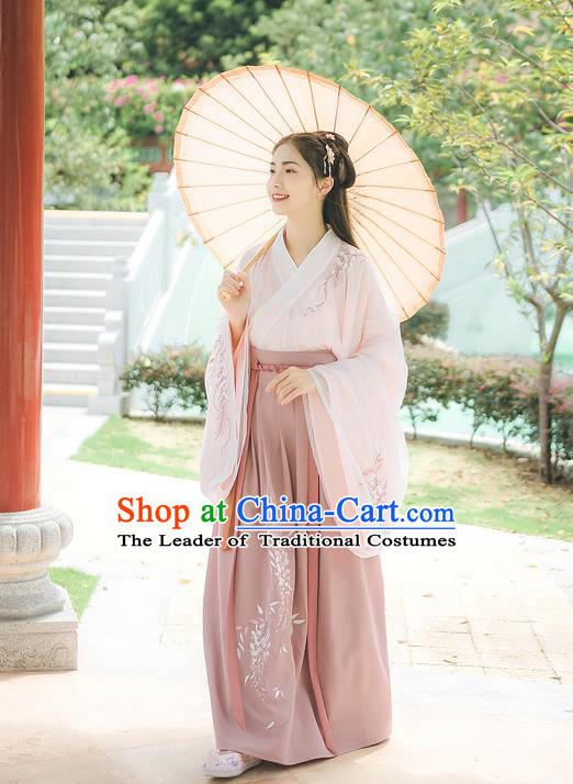 Traditional Chinese Ancient Hanfu Costume Palace Lady Clothing, Asian China Jin Dynasty Embroidered Pink Blouse and Pink Skirts for Women