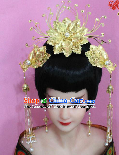 Traditional Handmade Chinese Hair Accessories Palace Lady Golden Peony Phoenix Coronet Complete Set, Xiuhe Suit Princess Step Shake Hairpins for Women