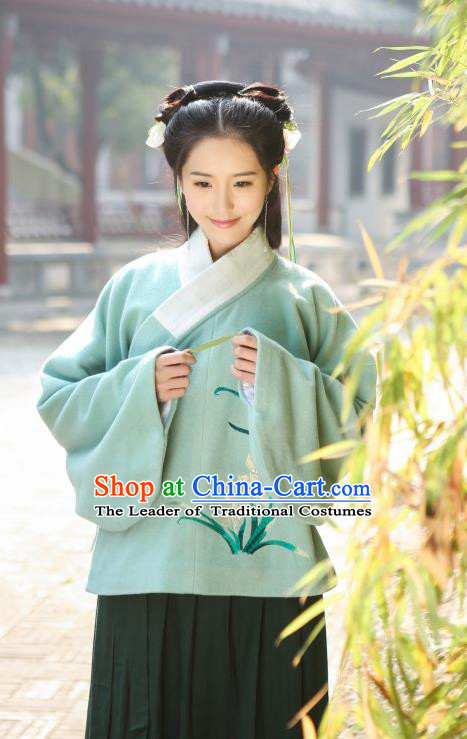 Traditional Chinese Ancient Hanfu Princess Costume Upper Outer Garment, Asian China Ming Dynasty Young Lady Embroidered Orchid Green Blouse for Women