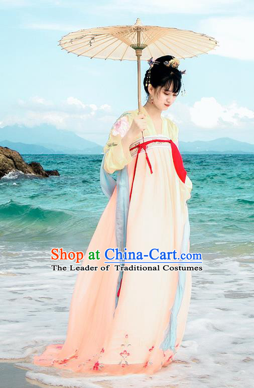 Traditional Chinese Ancient Palace Lady Costume, Asian China Tang Dynasty Princess Embroidered Blouse and Pink Slip Skirts for Women