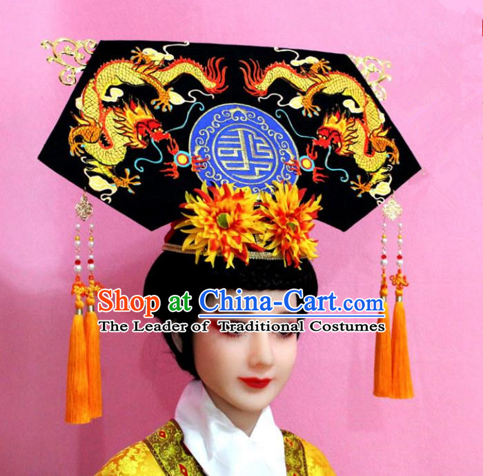 Traditional Handmade Chinese Hair Accessories Qing Dynasty Palace Lady Banners Dragons Headwear, Manchu Imperial Concubine Hairpins for Women