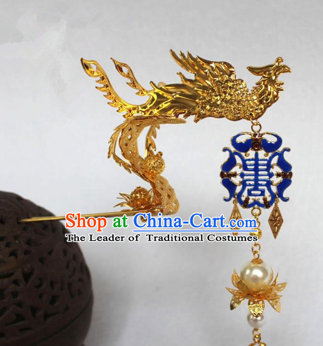 Traditional Handmade Chinese Hair Accessories Empress Dragon Blueing Hairpins, Tang Dynasty Palace Lady Tassel Step Shake for Women