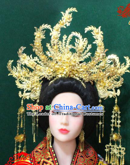 Traditional Handmade Chinese Hair Accessories Empress Phoenix Coronet, China Tang Dynasty Phoenix Tassel Hairpins for Women