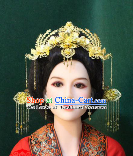 Traditional Handmade Chinese Hair Accessories Tang Dynasty Butterfly Phoenix Coronet, Royal Princess Tassel Hairpins Complete Set for Women