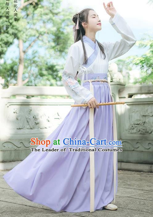 Traditional Chinese Ancient Hanfu Swordswoman Costume, Asian China Han Dynasty Young Lady Embroidery Clothing Complete Set