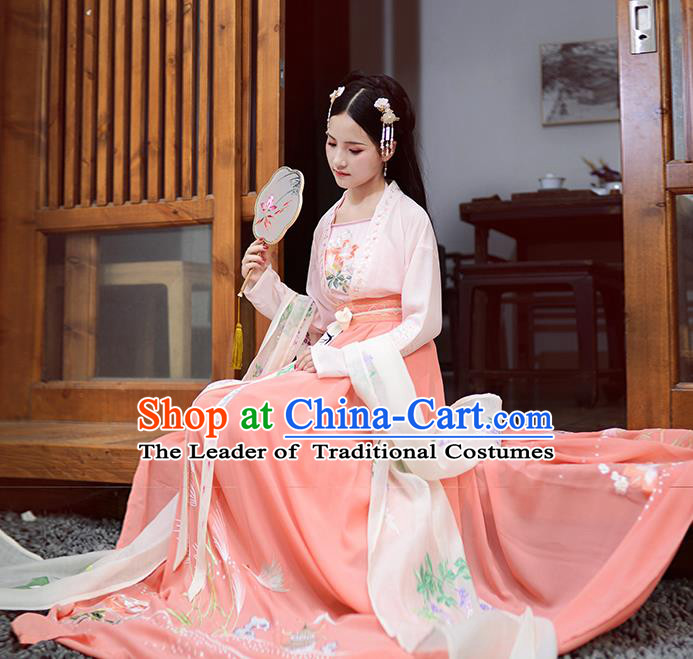 Asian China Ancient Tang Dynasty Hanfu Costume, Traditional Chinese Princess Embroidered Pink Blouse and Skirts for Women