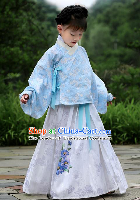 Asian China Ancient Ming Dynasty Children Costume Complete Set, Traditional Chinese Princess Embroidered Blouse and Skirts for Kids