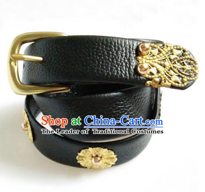 Traditional Handmade Chinese Accessories Tang Dynasty Emperor Belts, China Majesty Black Leather Waistband for Men