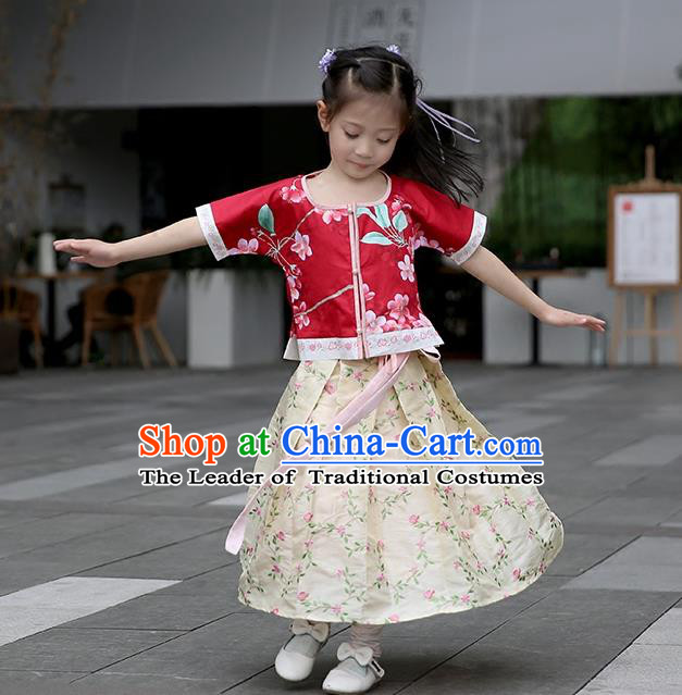 Traditional Chinese Ancient Hanfu Princess Costume Embroidered Red Blouse and Red Skirt, Asian China Ming Dynasty Palace Lady Clothing for Kids