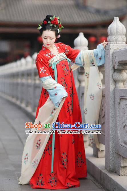 Traditional Chinese Ancient Hanfu Costume Complete Set, Asian China Tang Dynasty Princess Embroidered Clothing for Women