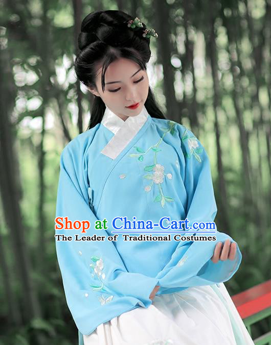 Asian Chinese Ming Dynasty Young Lady Costume Blue Blouse, Ancient China Princess Embroidered Hanfu Clothing for Women