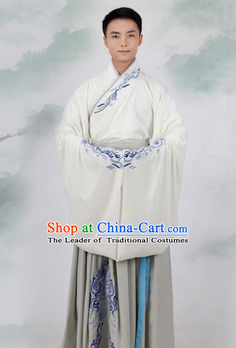 Asian Chinese Han Dynasty Scholar Costume, Ancient China Minister Embroidered Hanfu Clothing for Men