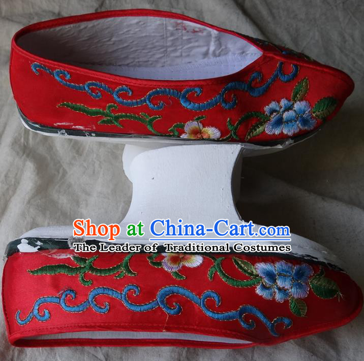 Traditional Chinese Qing Dynasty Princess Embroidered Shoes Saucers Red Satin Shoes, China Ancient Manchu Palace Lady Blood Stained Shoes for Women