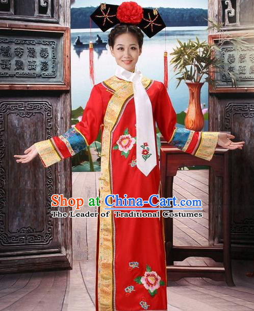 Traditional Ancient Chinese Manchu Palace Lady Red Costume, Asian Chinese Qing Dynasty Princess Embroidered Dress Clothing for Women