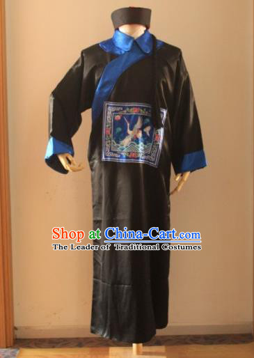 Asian China Ancient Qing Dynasty Royal Highness Costume, Traditional Chinese Manchu Minister Embroidered Black Robe Clothing for Men