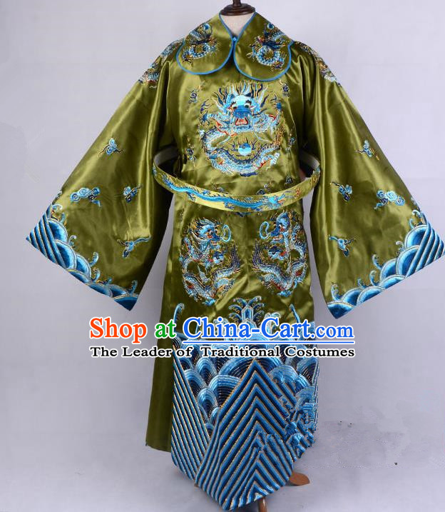 Top Grade Professional Beijing Opera Emperor Costume Royal Highness Olive Green Embroidered Robe and Belts, Traditional Ancient Chinese Peking Opera Embroidery Dragons Clothing