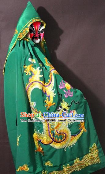 Traditional China Beijing Opera Costume Embroidery Dragon Cloak, Chinese Peking Opera General Green Embroidered Cape