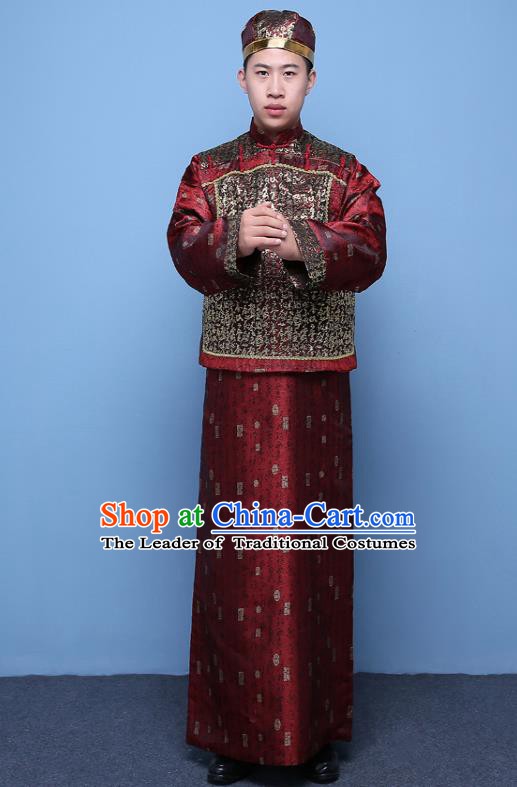 Traditional Ancient Chinese Qing Dynasty Prince Purplish Red Costume, China Manchu Nobility Childe Mandarin Jacket Clothing for Men